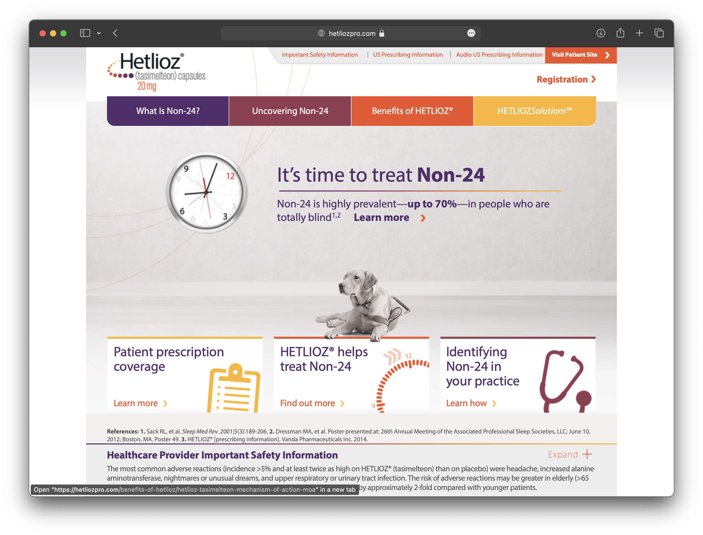 Old HetliozPro.com homepage with content targeting blind patients.